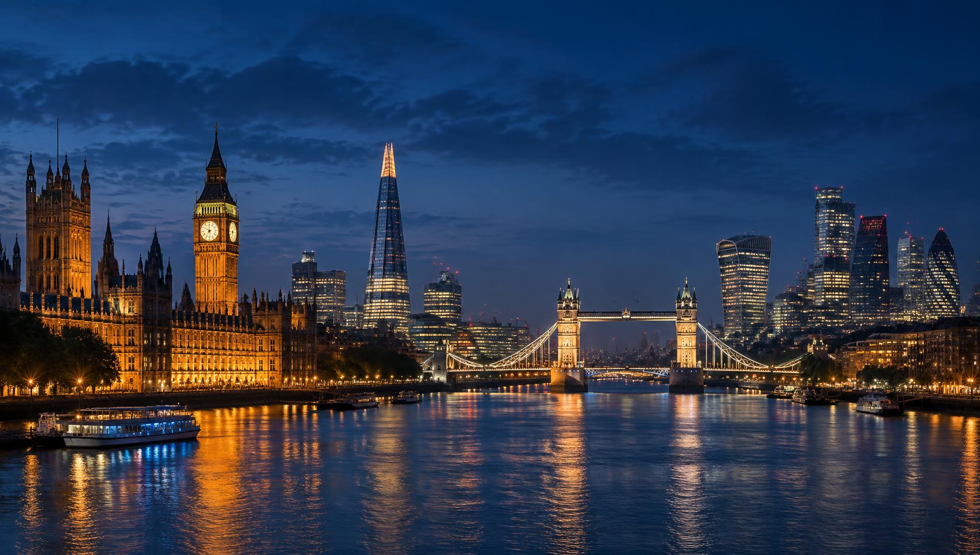 London skyline over the River Thames at dusk, with Big Ben and Tower Bridge lit up